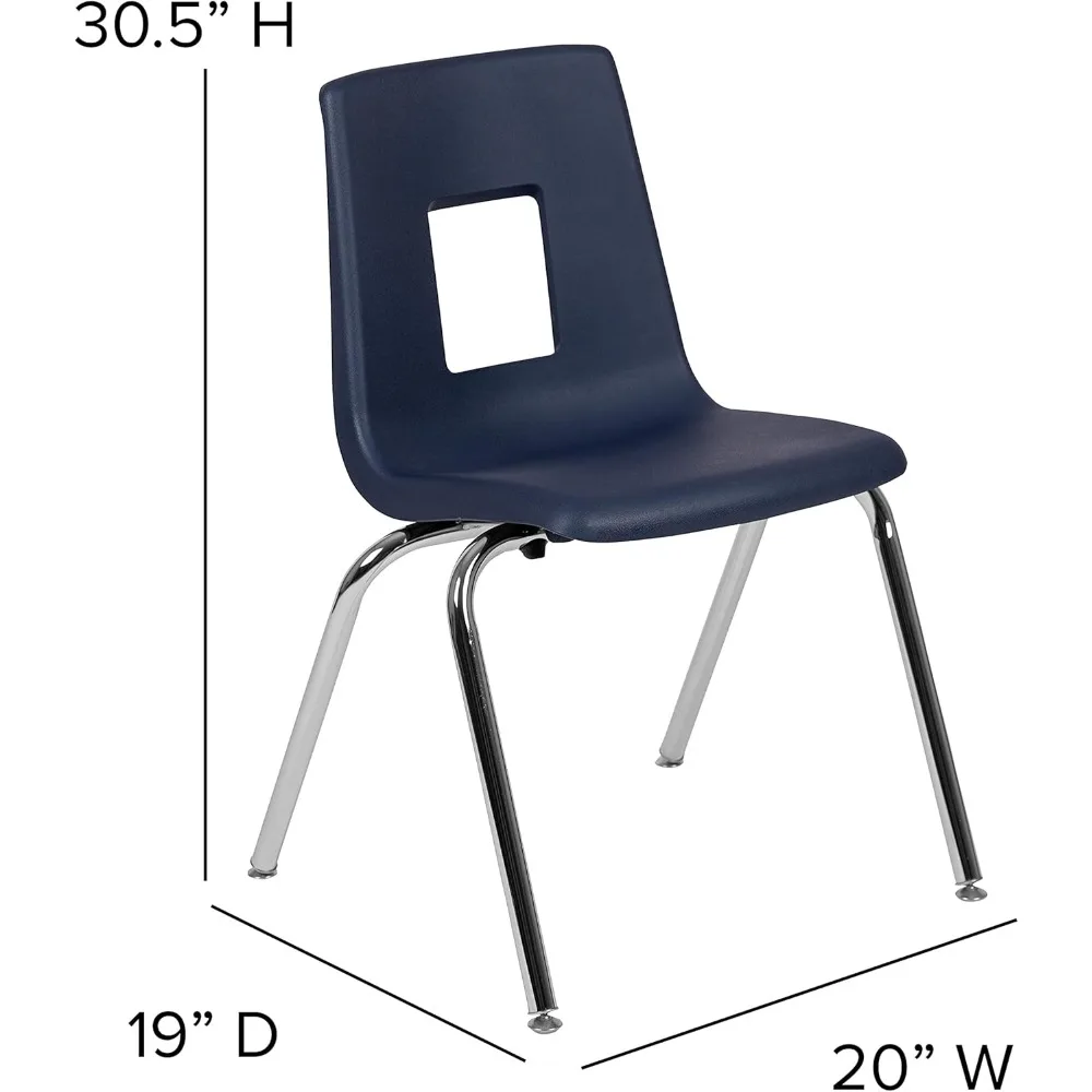 Chaise d'école empilable pour étudiants, bleu marine, dégradbrillant, cadre chromé non corrosif, finition, peu encombrante, empilable