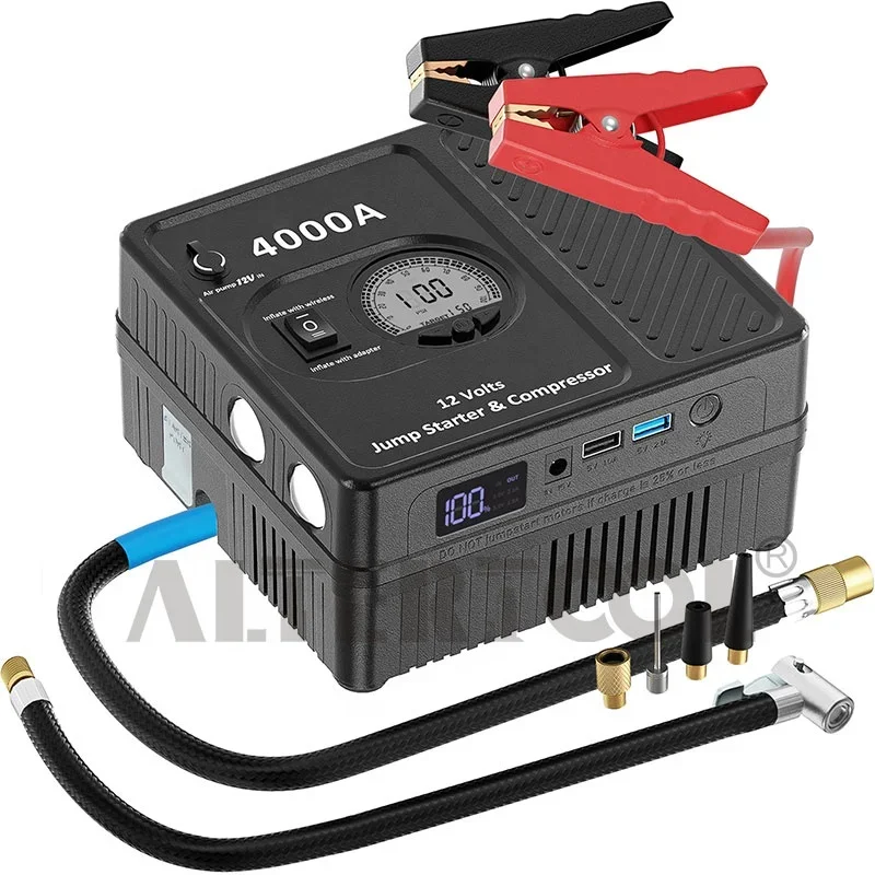 Professional Repair Tool 4000A Car Battery Jump Starter With Air Compressor Pump Emergency Tire Inflator