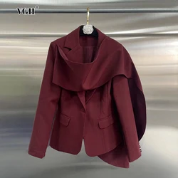 VGH Solid Asymmetrical Designer Jackets For Women Scarf Collar Long Sleeve Spliced Pockets Chic Elegant Coats Female Autumn New