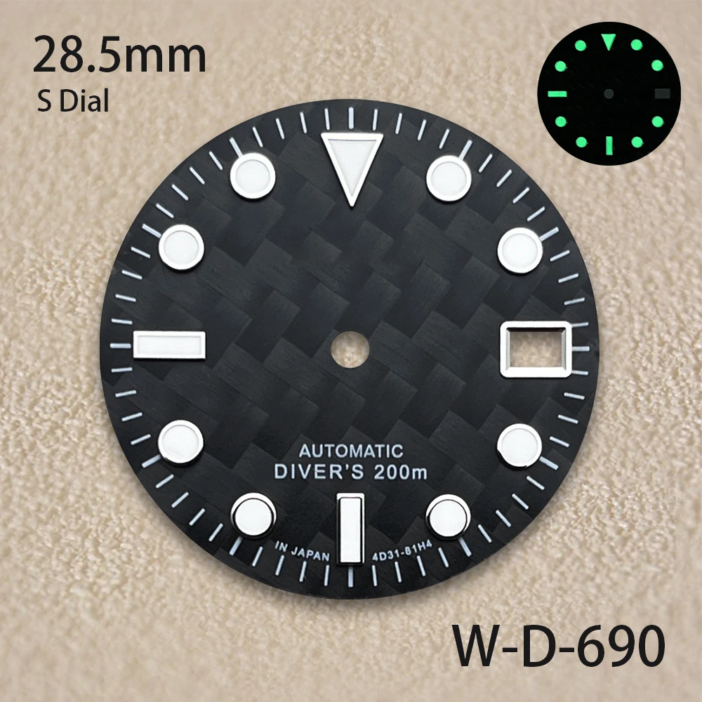 28.5mm S Logo Carbon Fiber Dial Fit NH35/NH36/4R/7S Movement Green Luminous Weave High-Quality Watch Modification Accessories