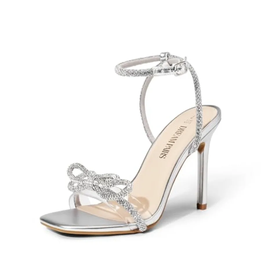

Women's Double Bowknots Crystal Sandals Clear Slingback Heels Square Toe Shoes for Party Wedding