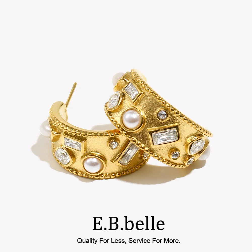 C-shaped Hoop Earrings with Pearl Geometric Rhinestone Silver Color 316L Stainless Steel Accessories 18K Gold Plated Jewelry