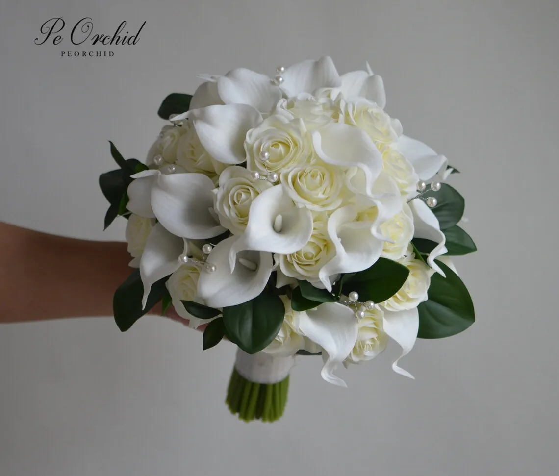 PEORCHID Fake Ivory Greenery White Bridal Bouquet Pearls Real Touch Roses Calla Lily Flower Bouquet Wedding Hand Bouquet