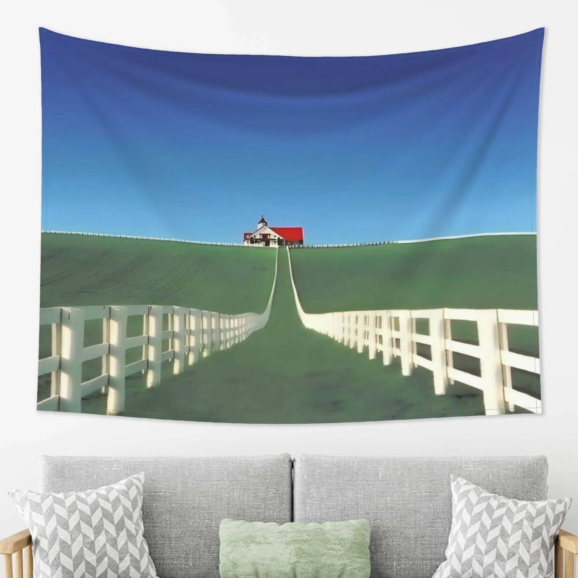 Aesthetic Cottagecore Farmhouse Landscape Tapestry Polyester Wall Decor Rural Countryside Red House Picket Fence Scenic View Pri