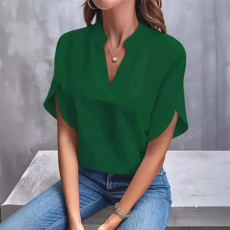 Women Solid Color V Neck Pullover Shirt 2024 Summer Casual Loose Flared Short Sleeve Blouse Elegant Female Office Commuter Tops