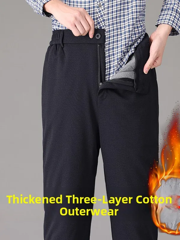 

Thiened Winter Casual Cotton Woolen Pants for Middle-Aged And ly Men Windproof Warm Outerwear High Waist Zipper
