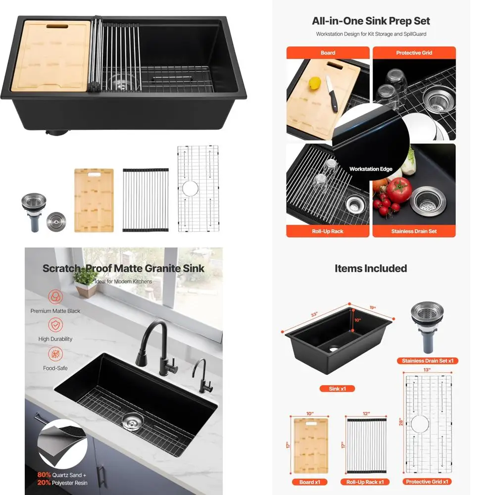 33 Inch VEVOR Kitchen Sink, Top Mount Granite, Single Bowl Farmhouse Style with Accessories