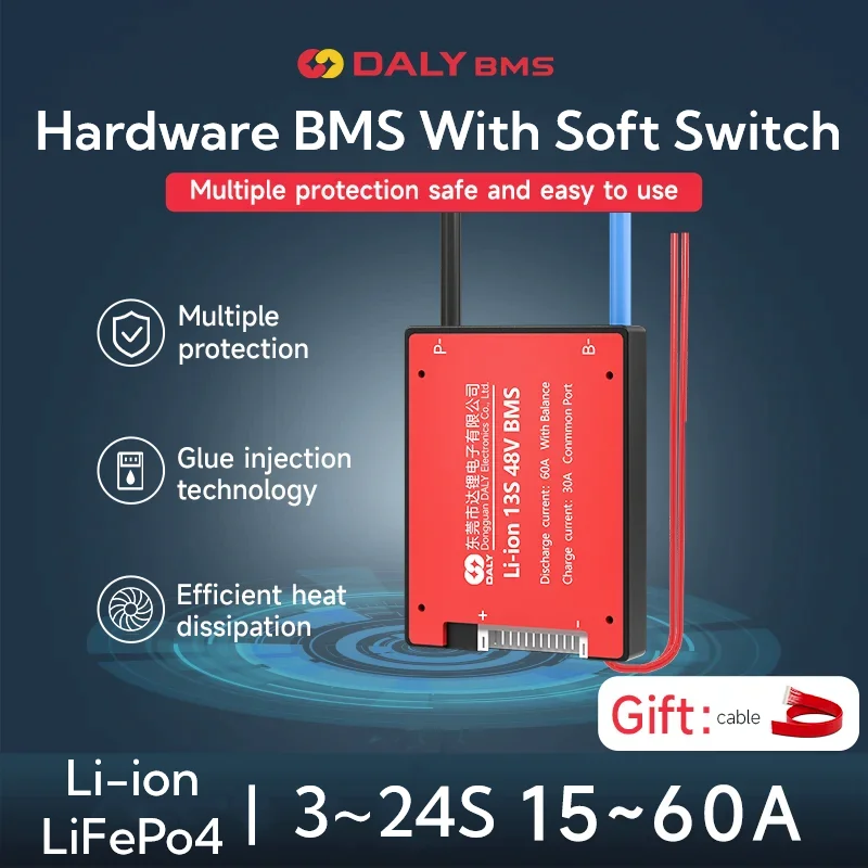 DALY-interruptor suave BMS NTC, 15A, 20A, 30A, 50A, 40A, 60A, Li-ion, 7S, 24V, 10S, 36V, 13S, 48V, Lifepo4, 4S, 12V, 8S, 24V, 16S, 48V para batería 18650