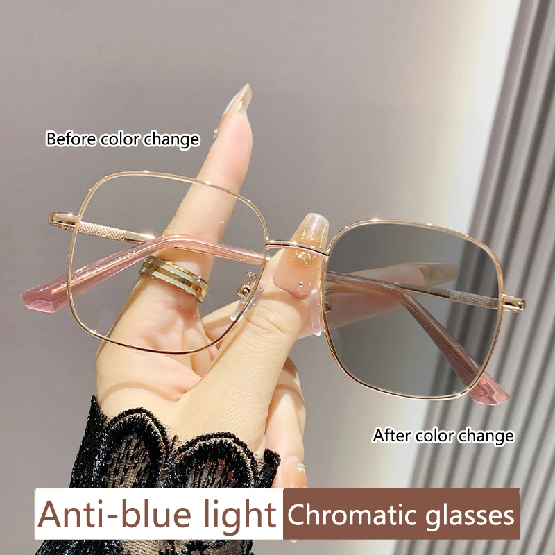 Light-sensitive Color-changing Fashionable Large-frame Anti-blue-light Myopia Metal Glasses 9790