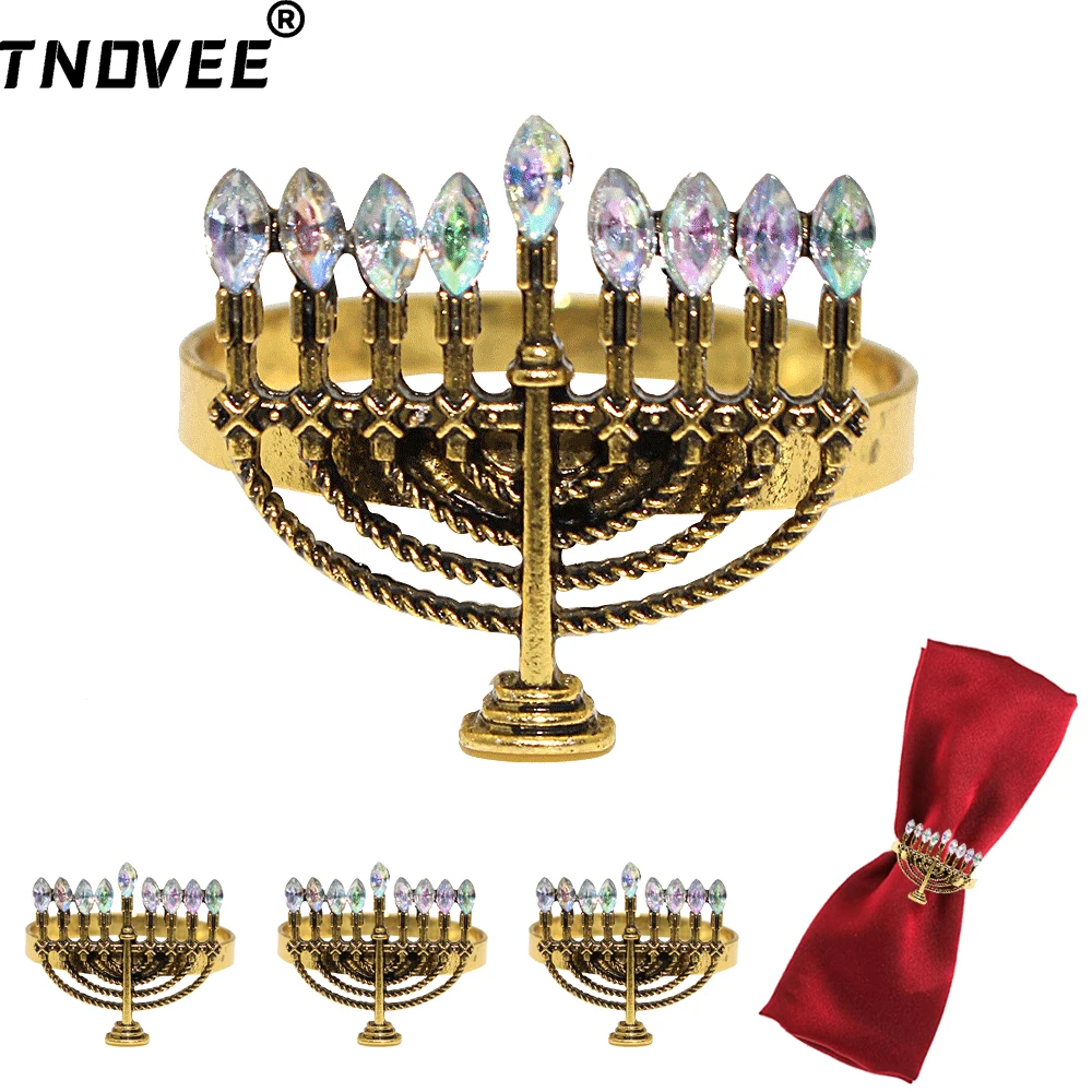 50Pcs Candlestick Napkin Rings Rhinestone Menorah Napkin Holder Hanukkah Serviette Buckles for Wedding Banquet Dinner Table Deco