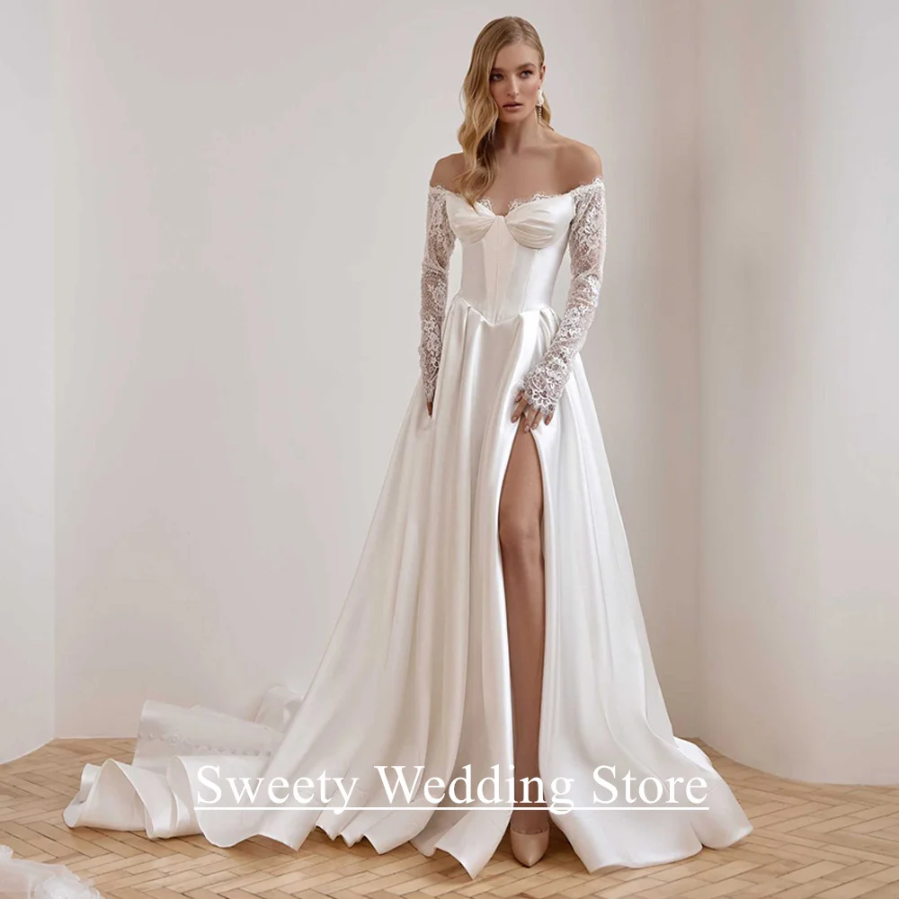 New Wedding Dress Hot Design Customized V Neck Long Sleeves Lace High Slit Woman Bridal Gown for Bride Robe De Mariage