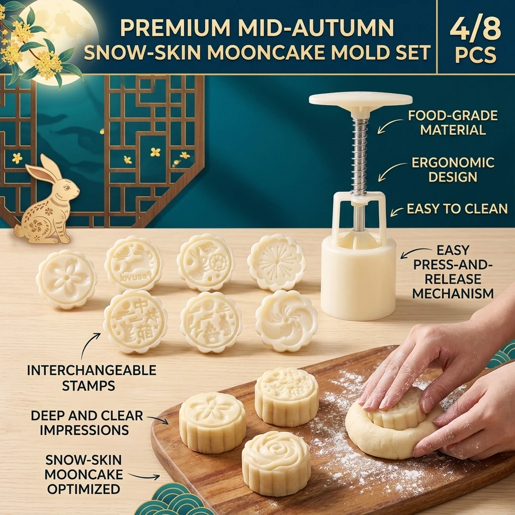 4pcs/8pcs set Mooncake Mold DIY Decoration Mooncake Press Molds Mid-Autumn Festival Hand-Pressure Flower Moon Cake Mold Festival