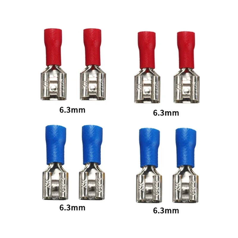 200/100PCS Red + Blue 6.3mm Female Insulated Spade Crimp Terminal Wire Connector For 0.5-2.5mm Electrical Wire Cable Connecors