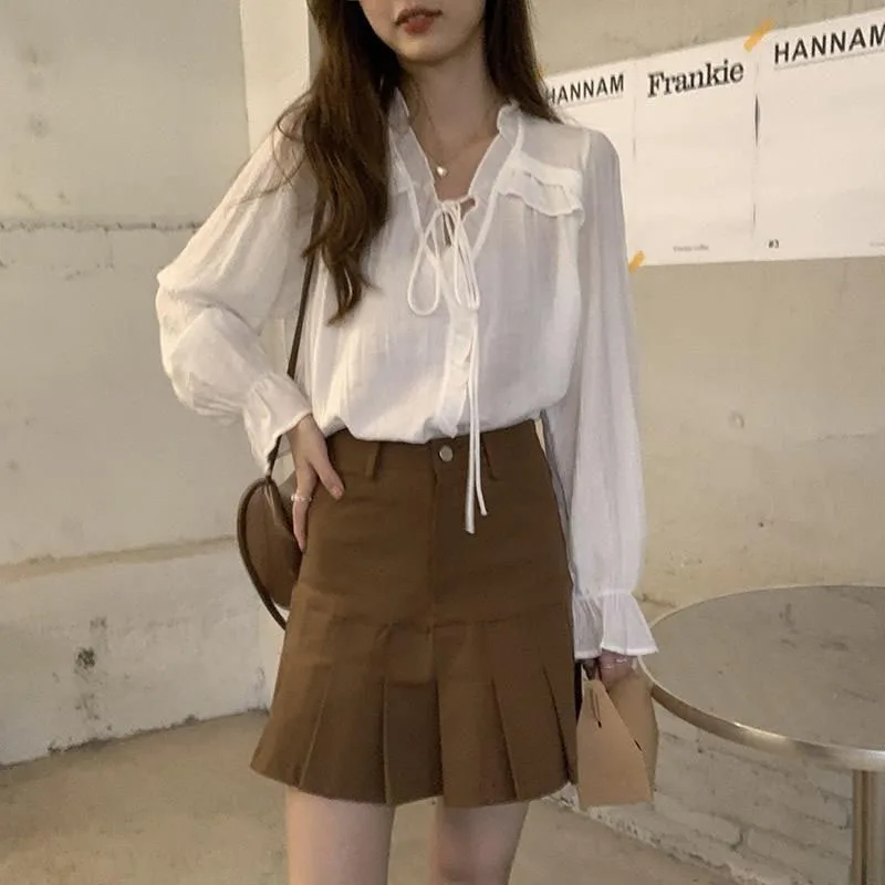 Xpqbb Ruffles V-neck Chiffon Blouse Women Korean Loose Lace Up Long Sleeve Shirts Female 2024 Spring Autumn Streetwear Clothing