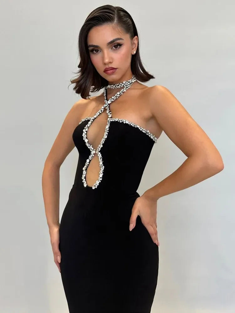 Luxury Bandage Prom Gowns for Women Elegant Crystal Halter Key Hole Bodycon Ankle Length Celebrity Evening Club Party Dresses