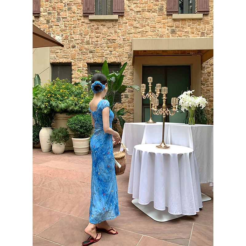 Vintage Floral Midi Dress Women Vacation Sexy Lace Patchwork V Neck Dresses Summer Elegant Puff Short Sleeve Bodycon Vestidos