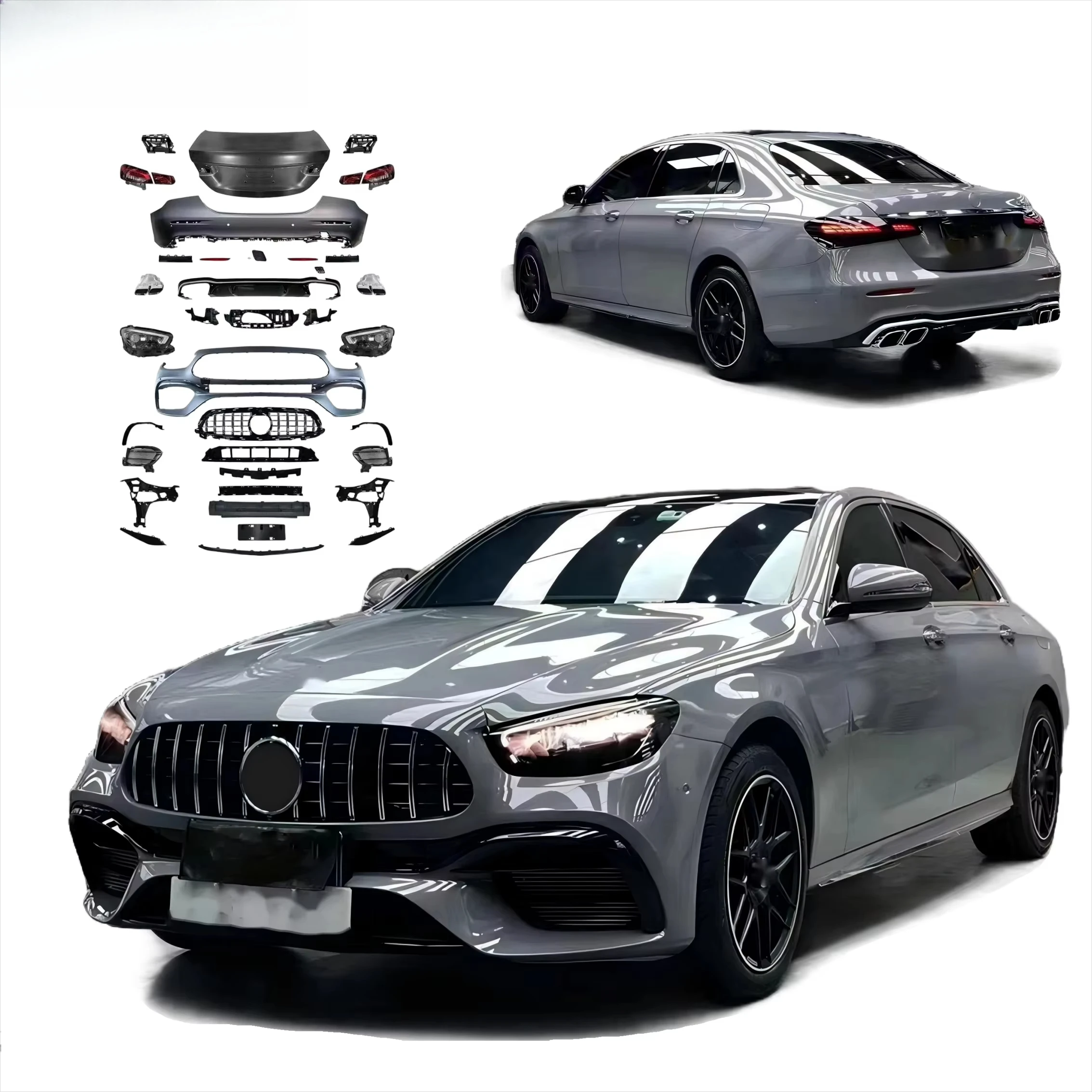 

Комплект обвесов для Mercedes-Benz E-класса W213 (2016-2020) в стиле E63 (обновление до версии 2023+), включая капот, светодиодные фары, задние фонари, решетку радиатора и бамперы