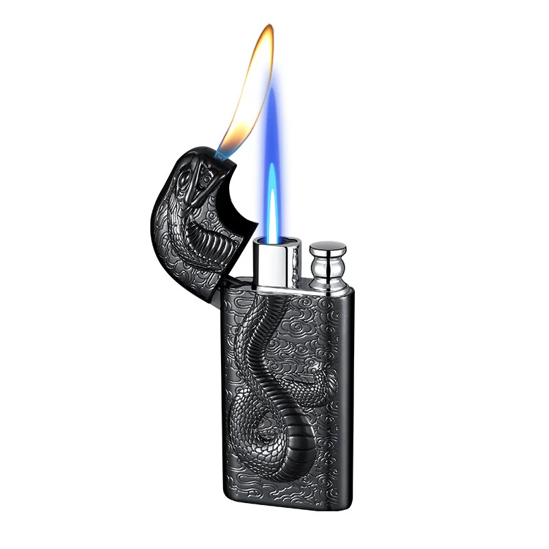 Embossed Snake King Double Flame Gas Lighter, Double Flame Conversion 3D Embossed Men\'s Gadgets