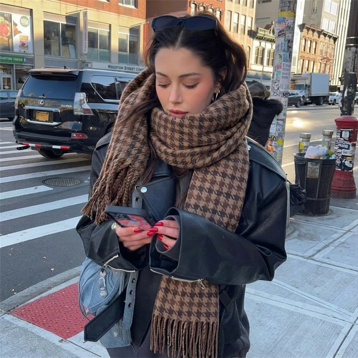 Classic Houndstooth Faux Cashmere Scarf Women Tassel Shawl Soft Warm Neck Wrap Autumn Winter Casual Streetwear Fashion Accessory