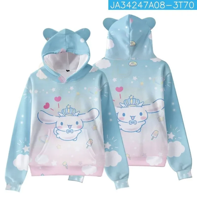 San Kawaii Women Men Long Sleeve Hoodies Cinnamoroll Pompom Purin Pullover Cute Cat Ear Hooded Sweatshirts Boys Girls