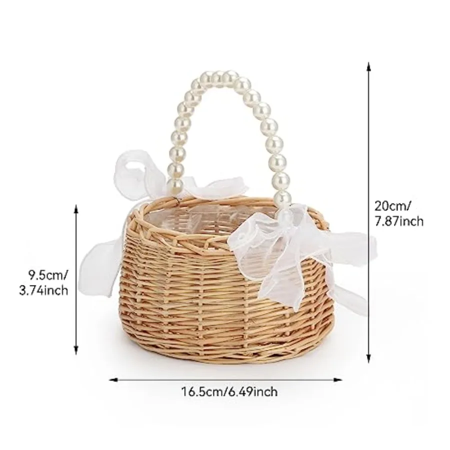 Elegant Wedding Flower Girl Basket with Pearl Handle and Ribbon Bow Bowknot Satin Flower Basket for Wedding Ceremony Rustic Han