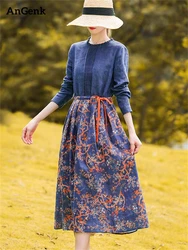 Cotton Long Sleeve Vintage Print Dresses For Women 2025 New Autumn Casual Art Dress Femme Robe Office Lady Work Elegant Clothing