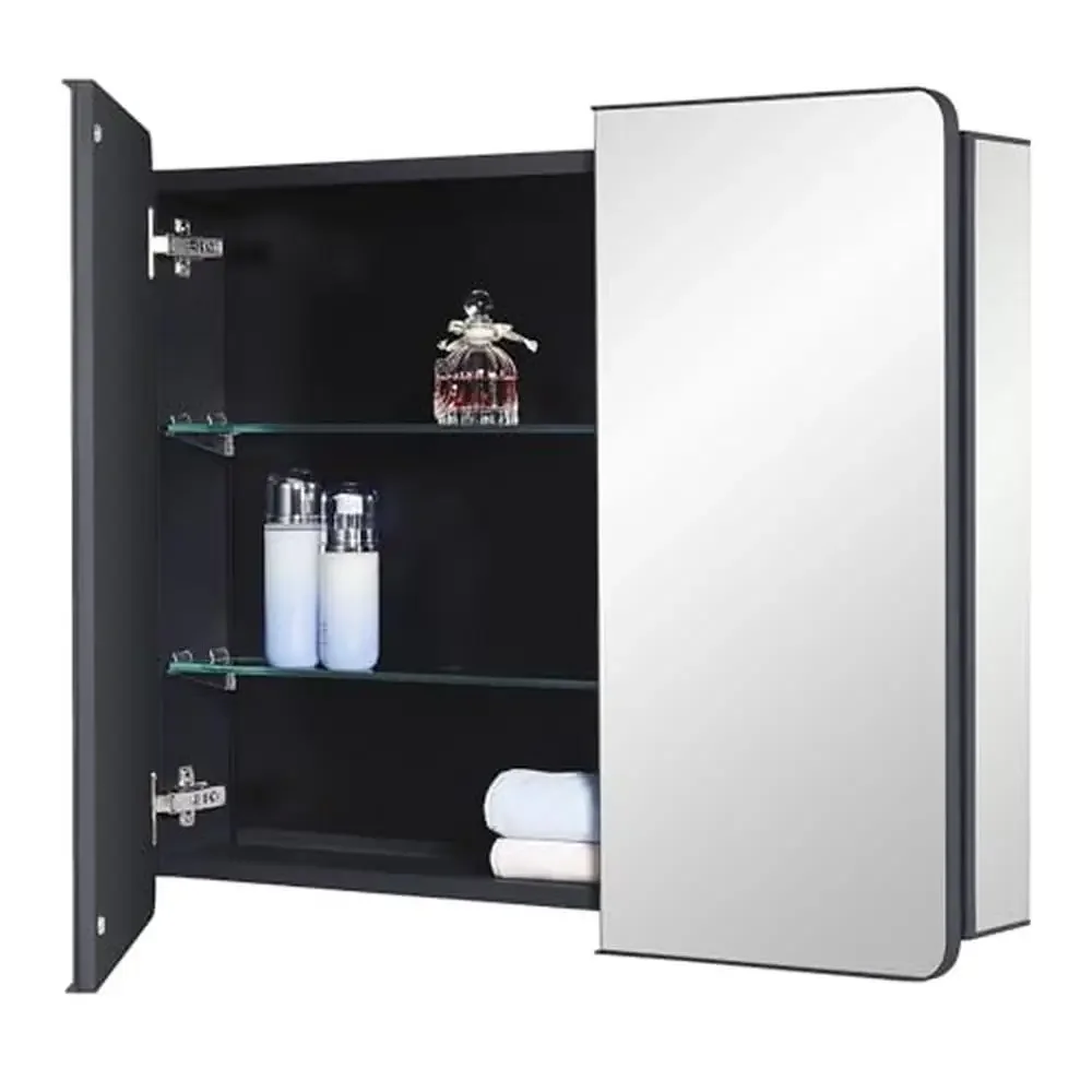 Black Aluminum Medicine Cabinet with Rounded Corner Door Stylish Bathroom Storage Solution 30 x 25.6 inch