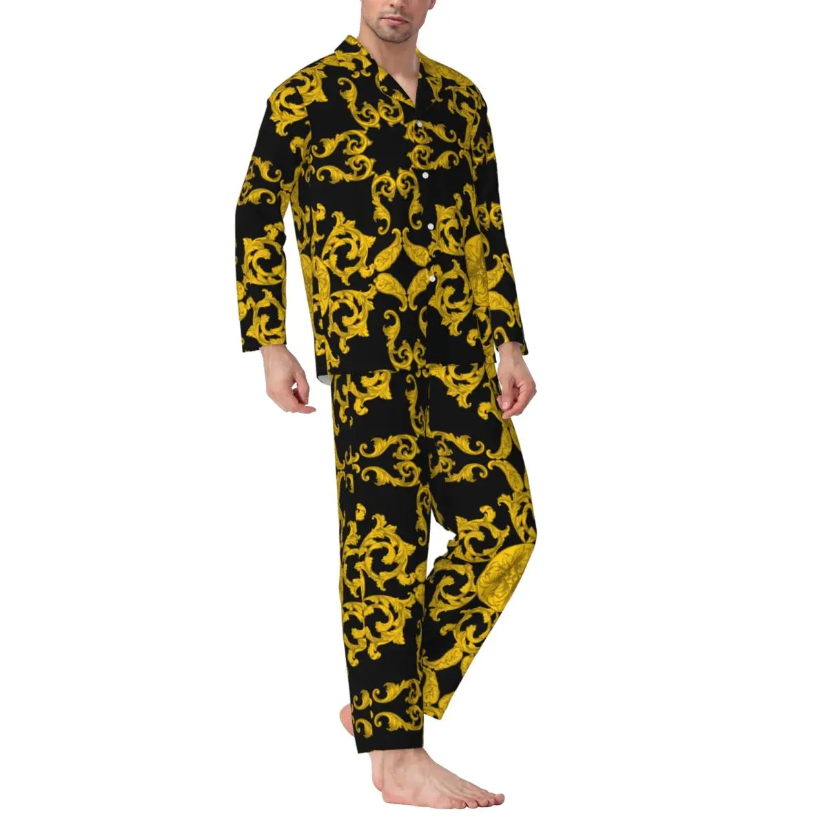 Conjunto de pijamas para hombre de otoño invierno de manga larga ropa de casa barroca dorada ropa de dormir 2 unids/set