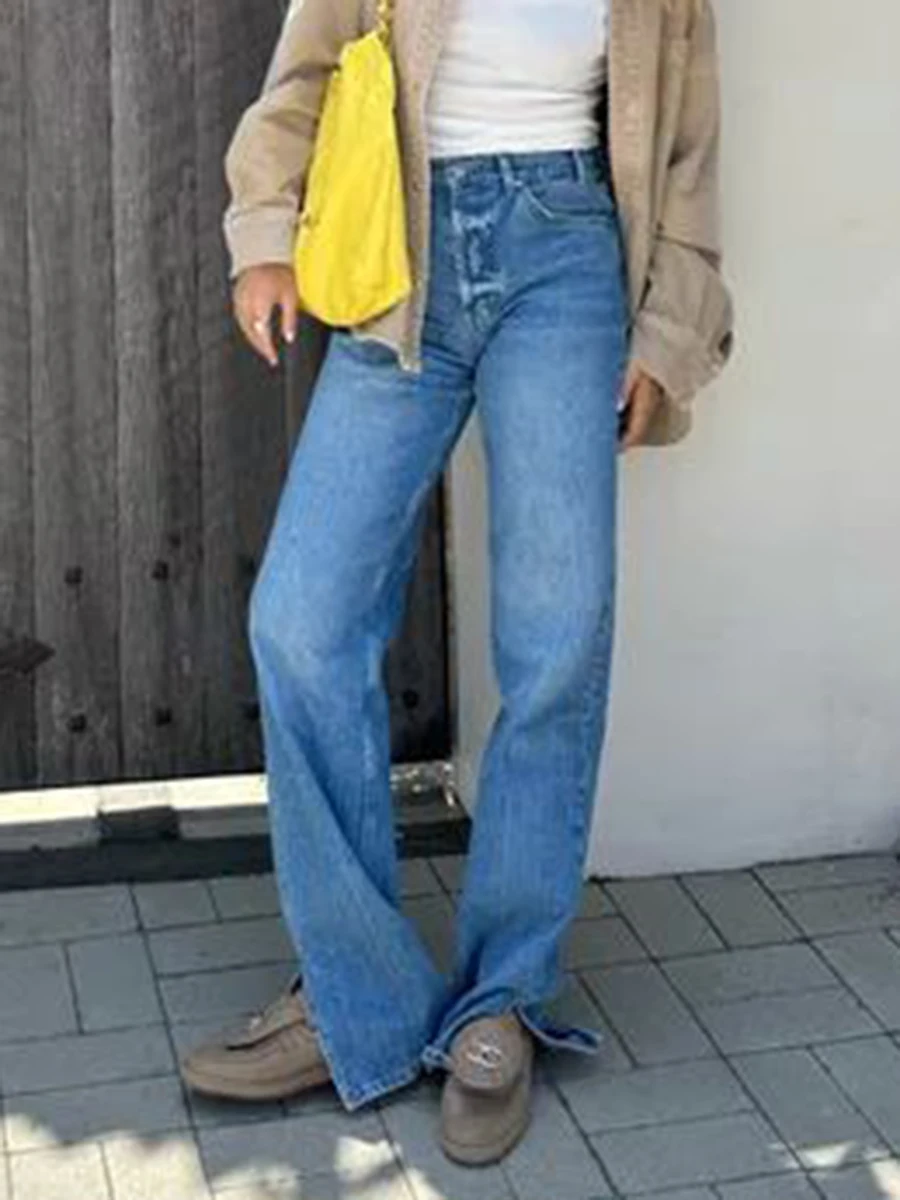 

Classic Straight Blue Jeans Women 2024 New High Waist Fashion Simple Button Slit Denim Trouser Pocket Vintage Casual Jeans Femme