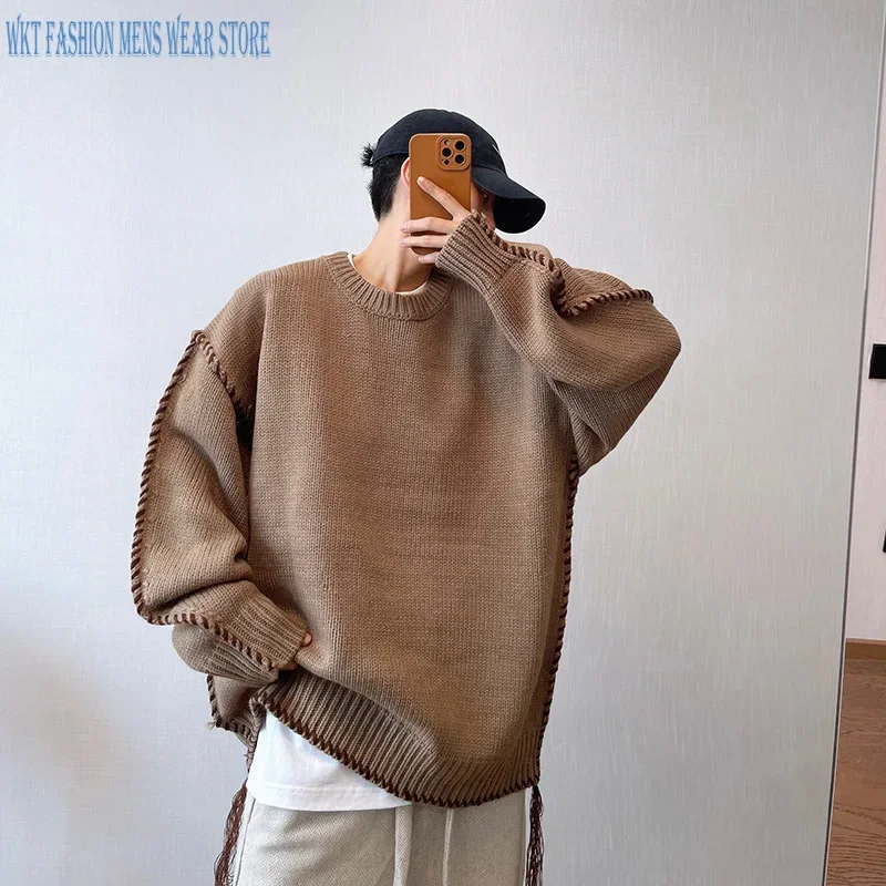 Solid Pullovers Autumn and Winter Fashion Retro Loose Hand Knitted Brown Large Sweater Men Harajuku Men's Clothing Polyester