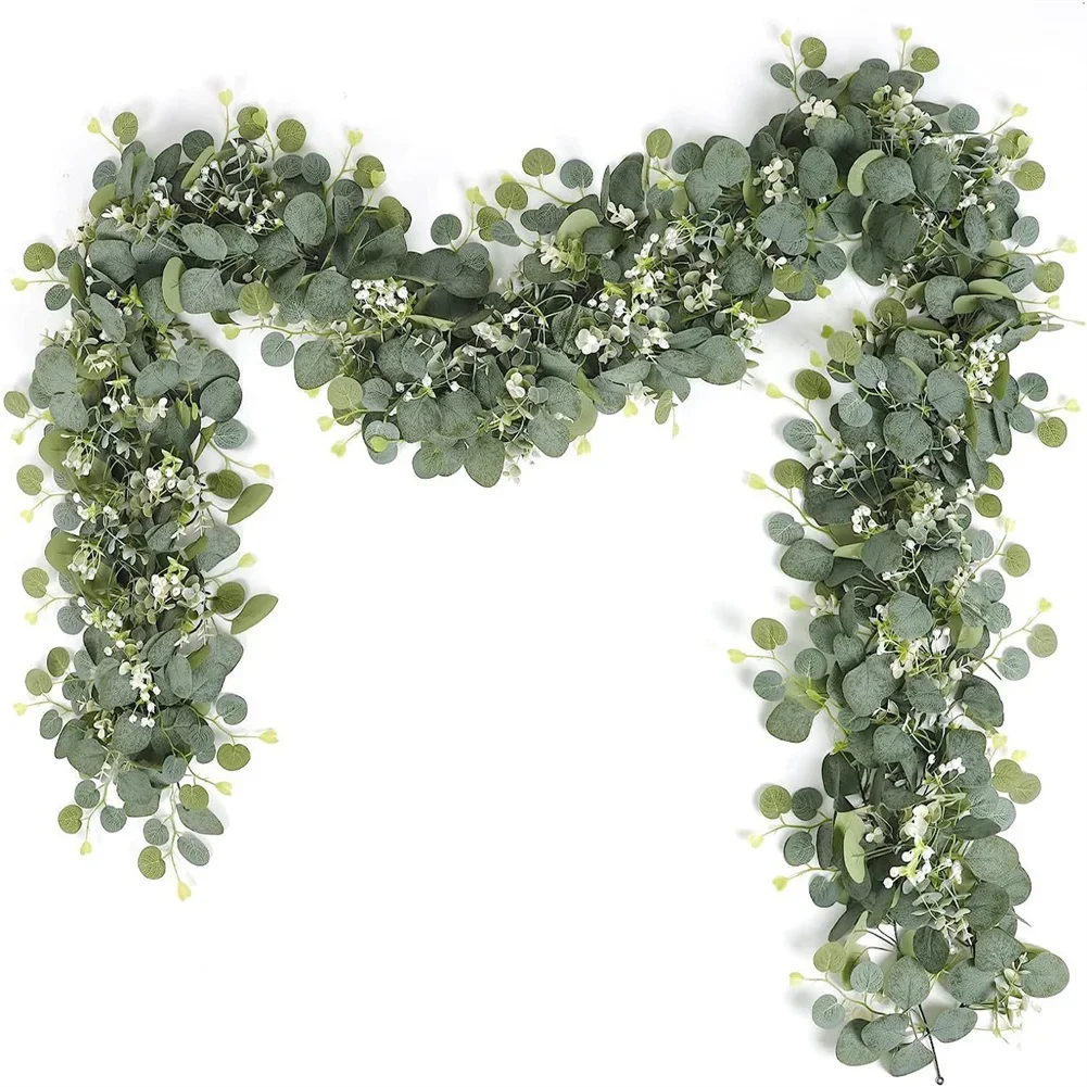 Artificial Eucalyptus Leaves Greenery Garland Faux Plant Spring Vines with White Flowers Berries for Wedding Home Party Decor