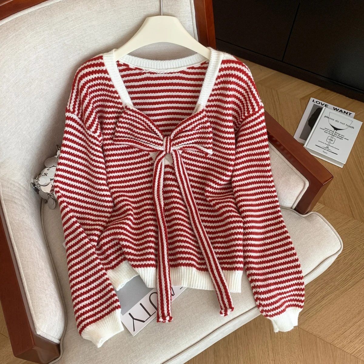 

Women Red Striped Pullover Sweater Vintage 2000s Y2k Square Collar Jumper Knitwear Korean Style Long Sleeves Bow Sweater Autumn