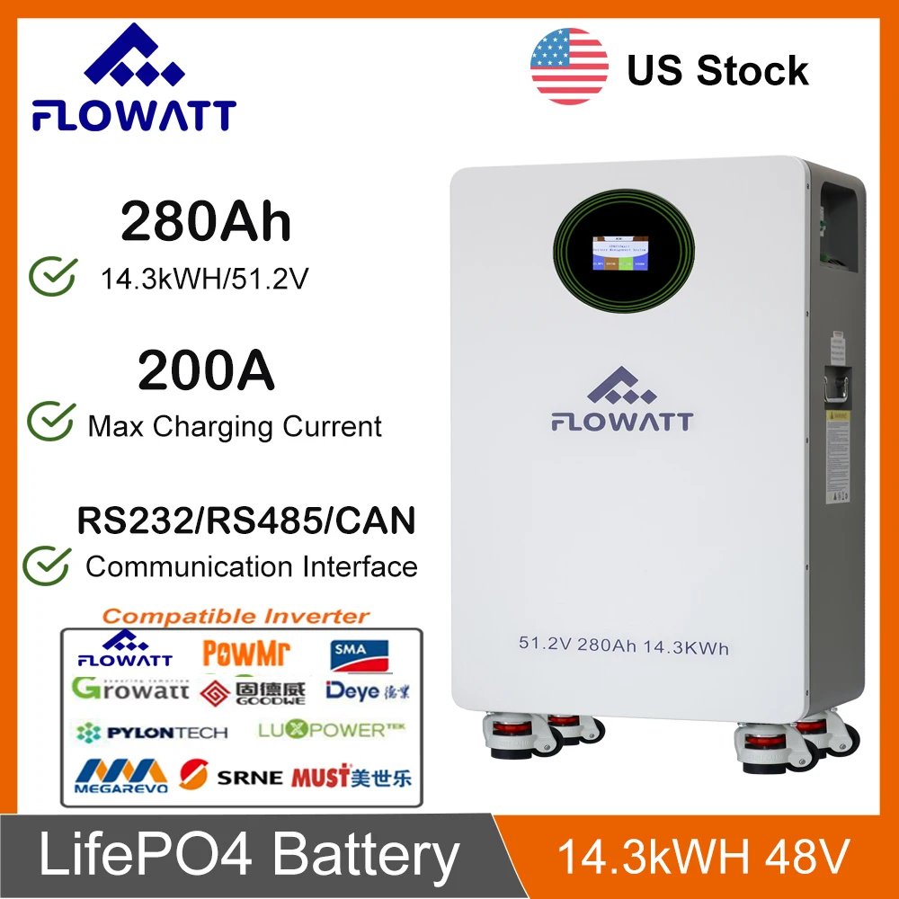 

Литиевая батарея LiFePO4 280Ач 14.3кВтч 48В для хранения солнечной энергии, 6000 циклов, макс. заряд 200А, 16S, RS232/RS485, для дома (со склада в США)