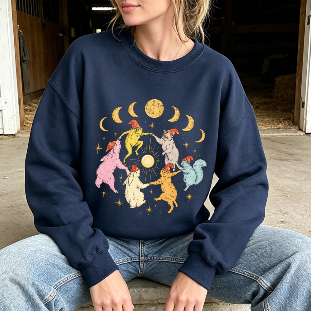 Moon Phase Women Sweatshirt Dancing Animals Graphic Printed Pullover Autumn Winter Crewneck Jumper Witchy Magic Streetwear