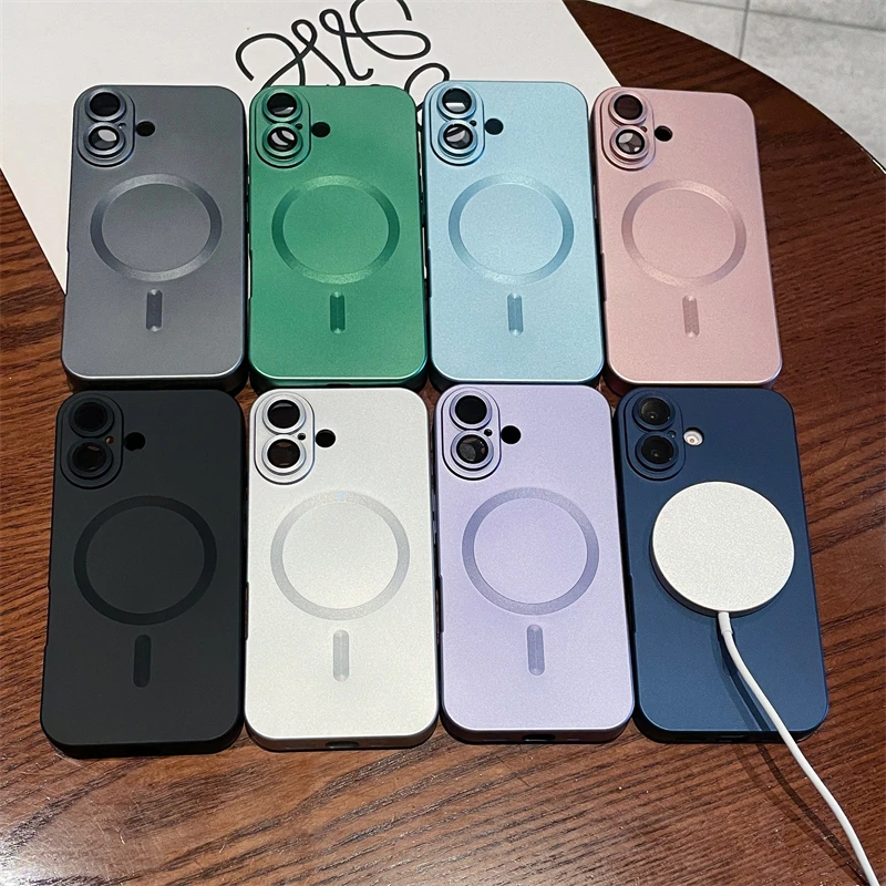 Luksusowe matowe etui silikonowe dla iPhone 16 15 14 13 12 11 Pro Max Plus dla Magsafe Magnetic Lens Film Protector Soft Cover