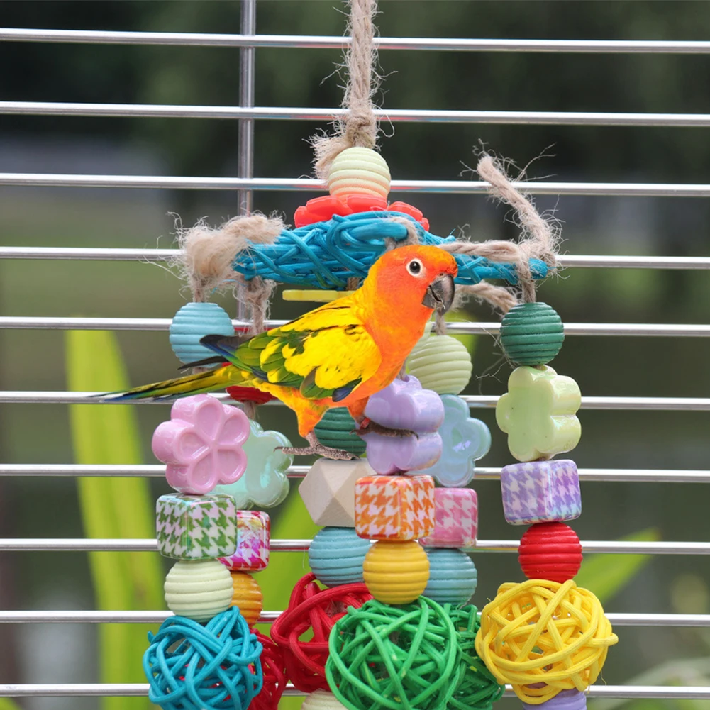 Bird Block Knots Tearing Toy Wooden Bird Toy With Colorful Acrylic Beads Solid Wood Blocks Adjustable Ropes Hooks For Cockatoos