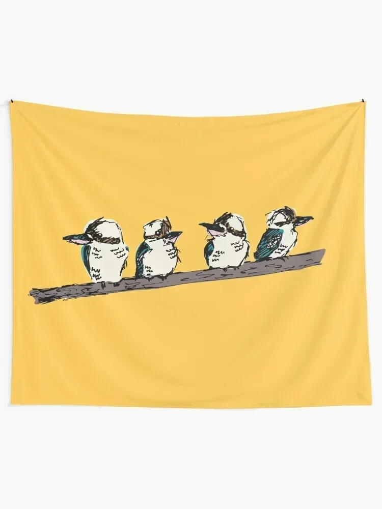 Group of 4 kookaburras on a branch - yellow Tapestry Home Decoration Accessories Decoration Pictures Room Wall Tapestry