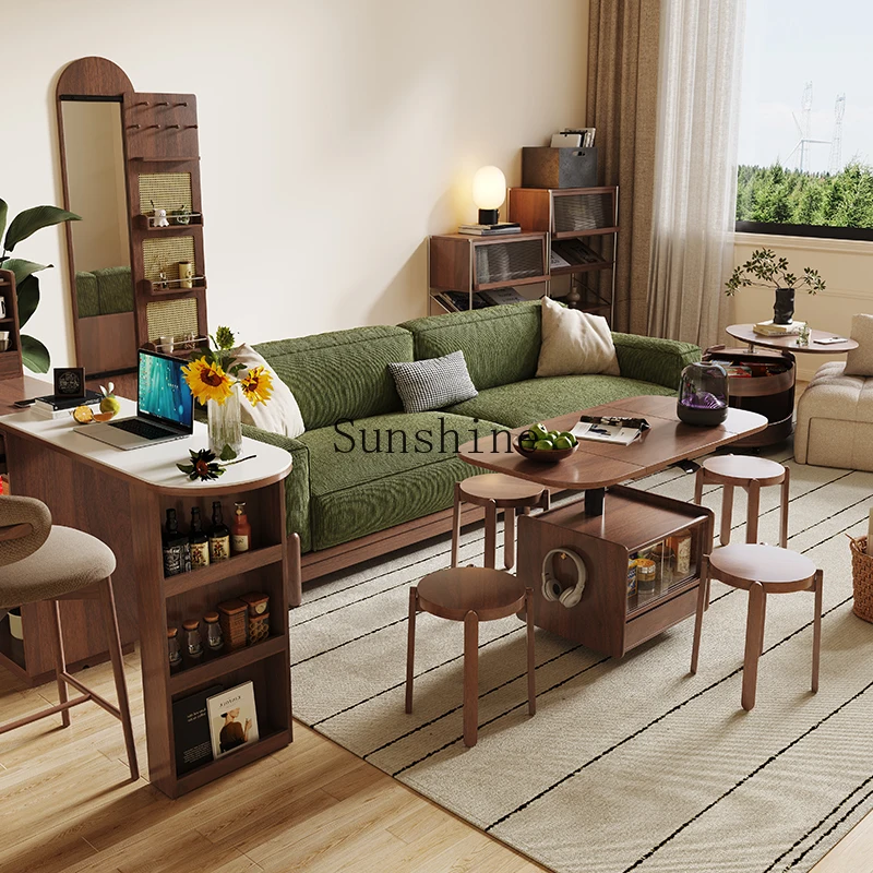 

Solid wood small apartment lifting coffee table dining table dual-purpose walnut folding retractable movable cart