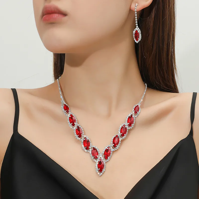 FYUAN Pink Red Green Blue Necklace Earrings For Women Water Drop Crystal Earrings Wedding Bride Jewelry Sets Accessories