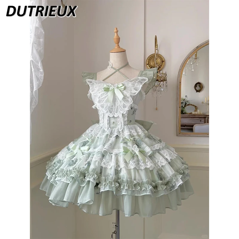 Biało-zielony motyl świeża księżniczka dziewczyna sukienka urodzinowa Lolita śliczne słodkie koronkowe krótkie sukienki bez rękawów z wysokim stanem