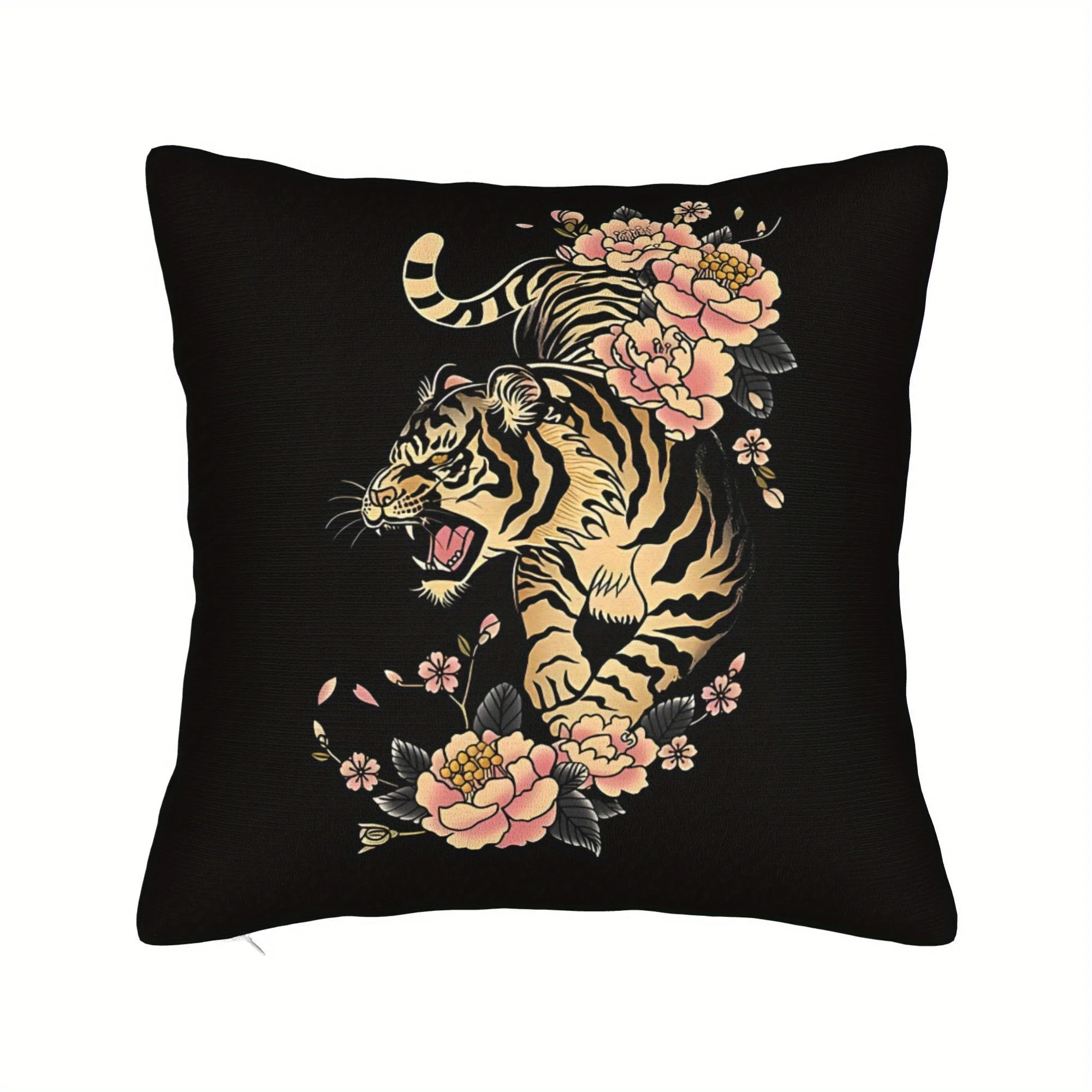 Doppelseitiger Kissenbezug im japanischen Stil mit Tiger- und Blumenmuster in Rosa – Moderner dekorativer Kissenbezug mit Reißverschluss, maschinenwaschbar