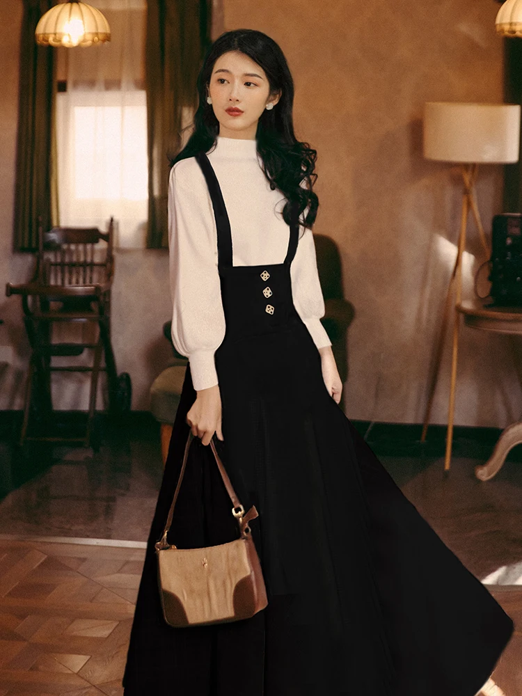 Sweet Fashion Two Piece Skirt Set Women Autumn Winter White Sweater and Long Black Skirt Outfits