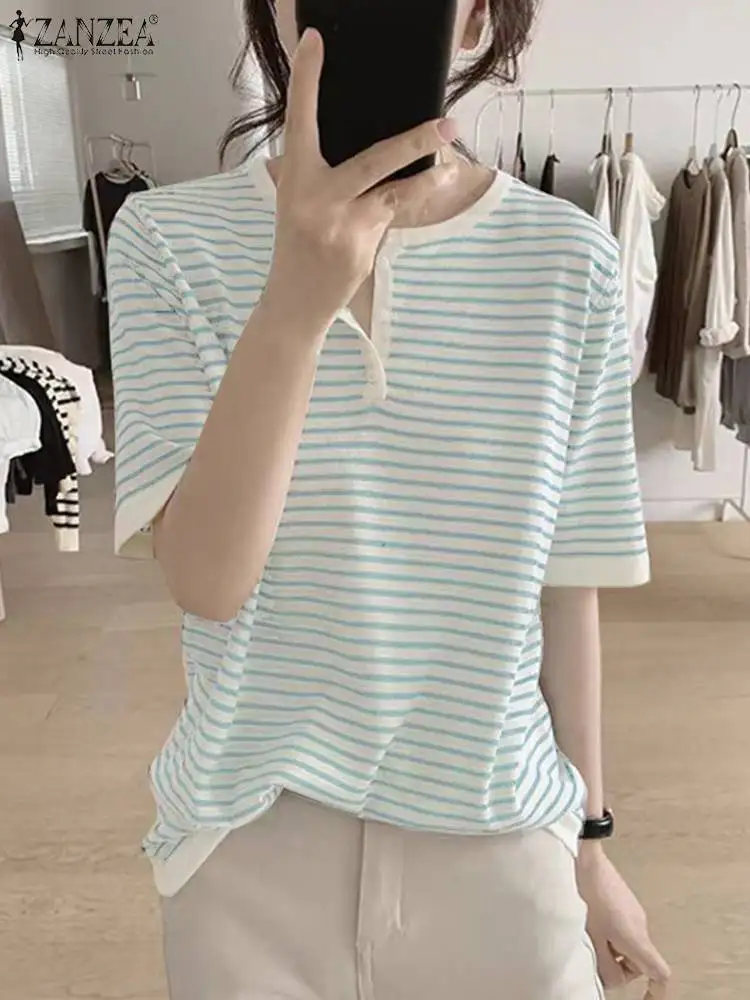 ZANZEA Casual Round Neck Short Sleeve Tee Women Korean Striped T-Shirt Summer 2024 Loose Tops Harajuku Baisc Baggy Tunic Blouse