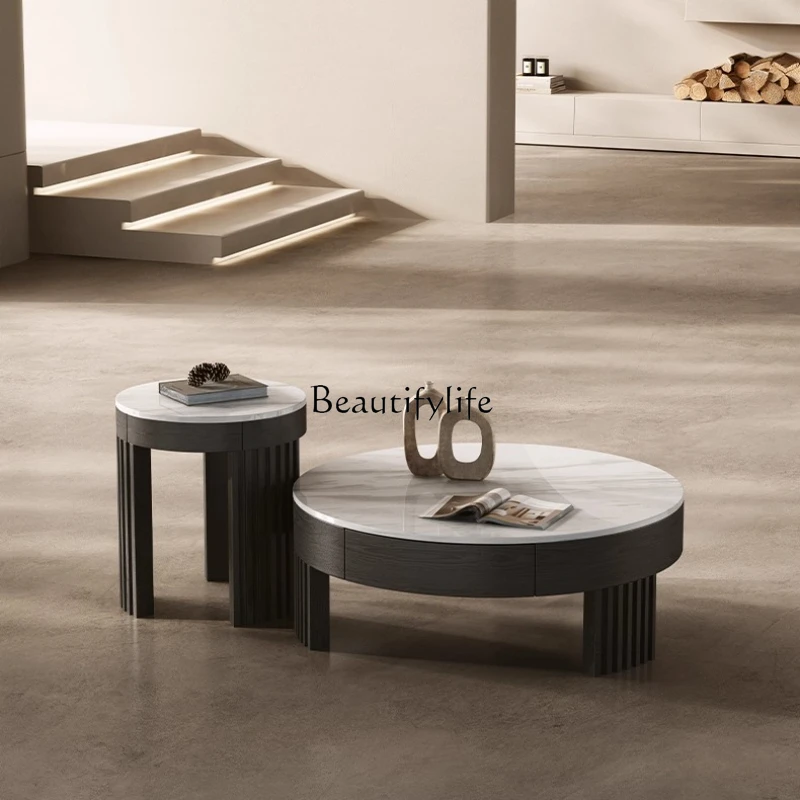 

Natural Luxury Stone Italian Minimalist Round Coffee Table High-End Living Room Home Marble Coffee Table Set
