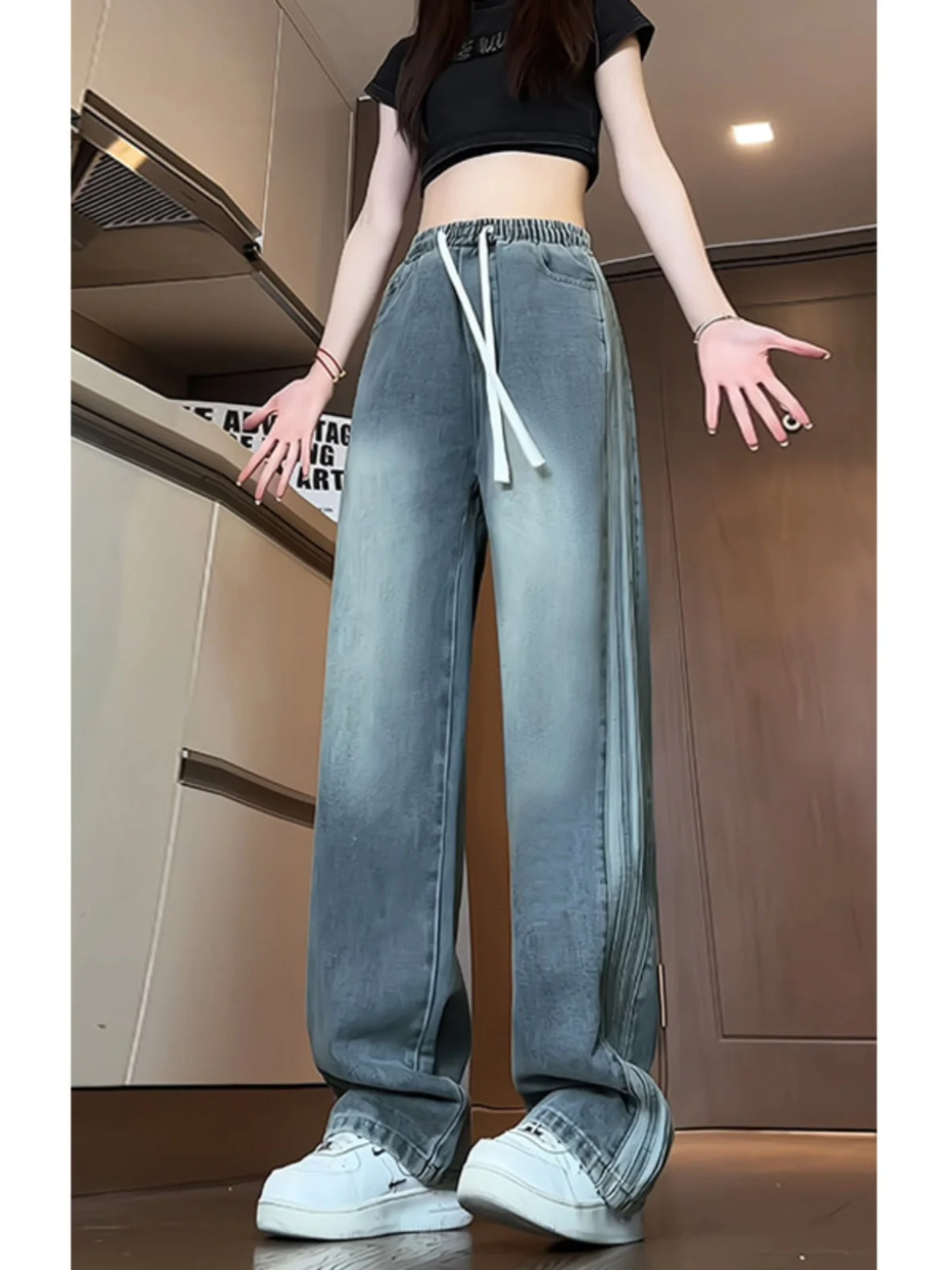 

Широкие прямые свободные джинсы, мужские повседневные длинные брюки с завышенной талией в американском стиле High Street, молодежная мода