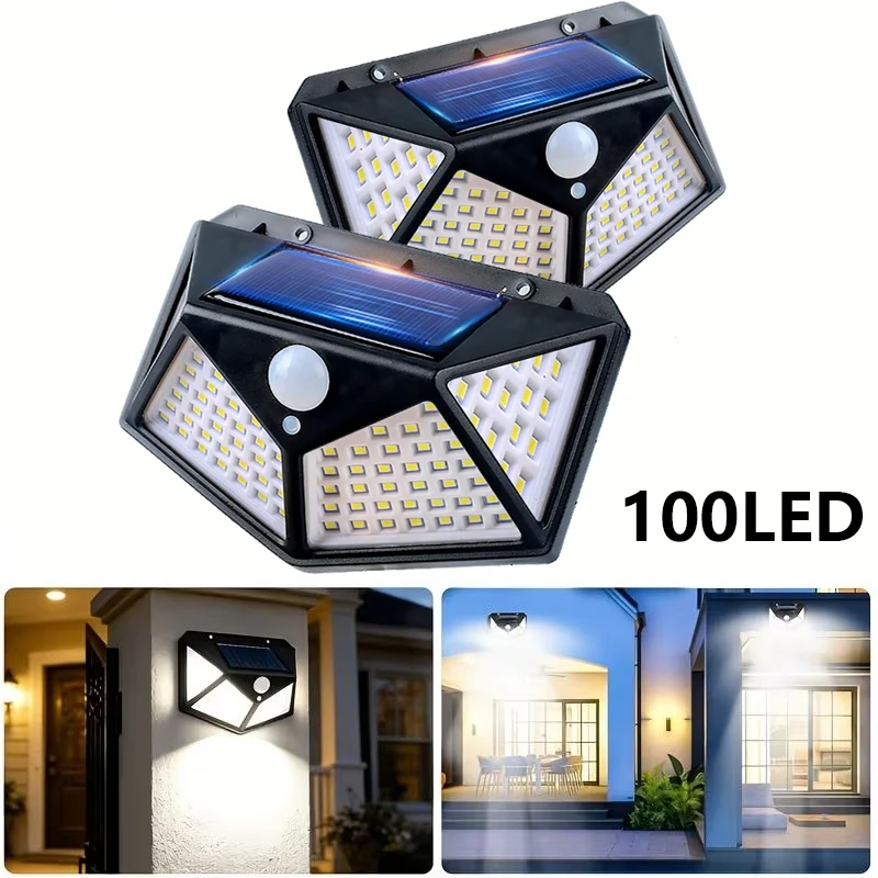 100LED Luzes de inundação solares 3 modos ao ar livre Movimento solar Segurança Luz solar à prova d'água para jardim pátio garagem luz de parede