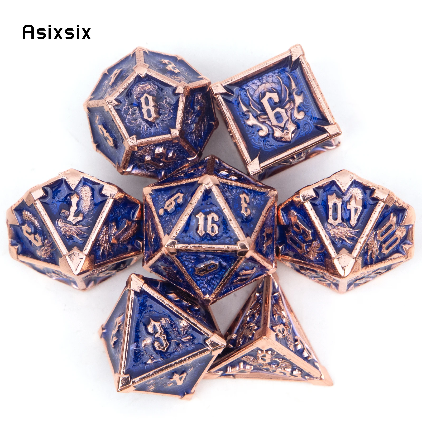 7 Pcs Dark Blue Skull Metal Dice Solid Metal Polyhedral Dice Set Suitable for Role-Playing RPG Board Game Card Game