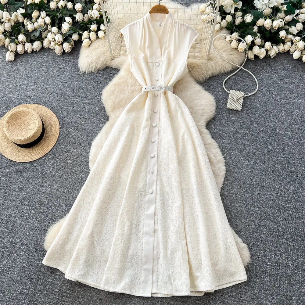 

Women Solid Dresses Sleeveless Dress A Line Ankle Lenth Waist Cinch Single Breasted Slim Fit Office Lady Casual 2026 Summer