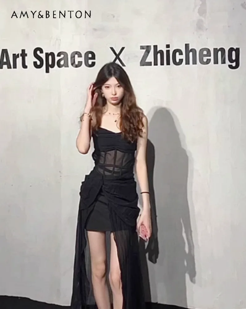 

Black Suspender High-waisted Slim-fitting Long Dress Sexy Cool Handsome Beautiful See-through Suspender Dress