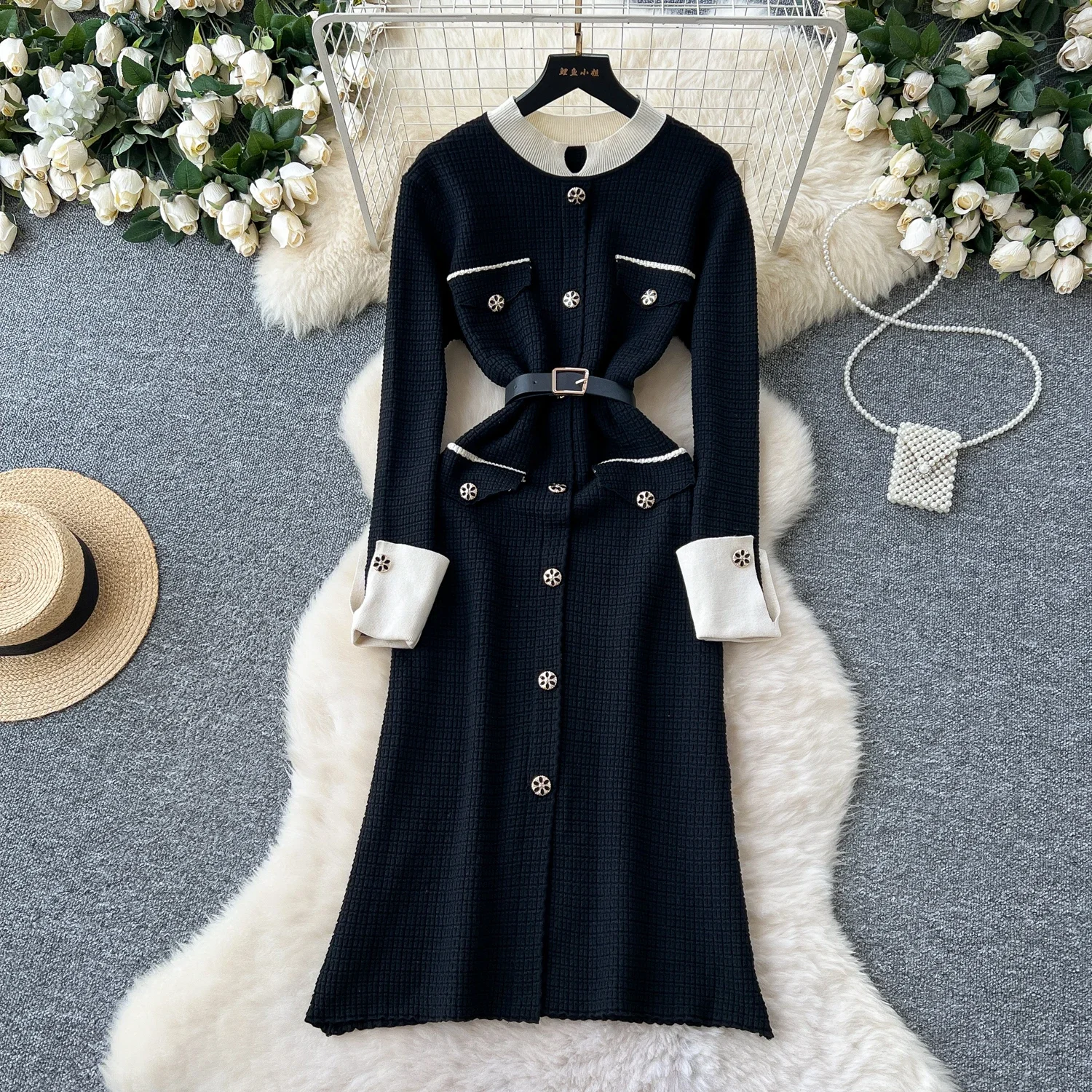 Elegant Long Sleeves Vintage O-neck Chic Single Breasted Sashes Slim Knit Long Dresses Office Lady High Street Winter Clothing